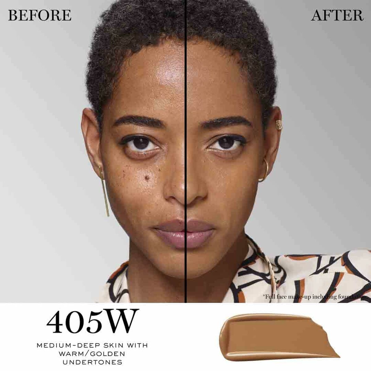 Before and after application of Lancôme Teint Idole Ultra Wear W Nº 405W, showcasing medium-deep skin with warm/golden undertones.