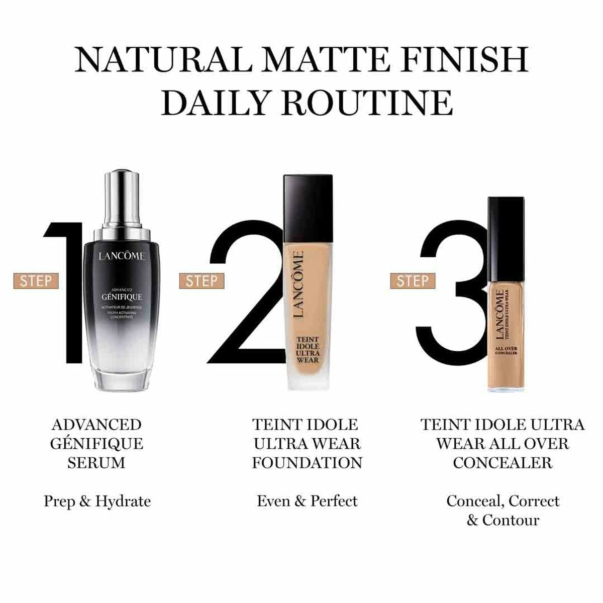 Natural matte finish daily routine with Lancôme products: serum, foundation, and concealer for perfect skin.