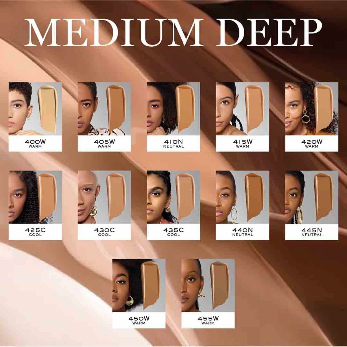 Palette of Lancôme foundation shades for medium deep skin tones, showcasing various undertones and color options.