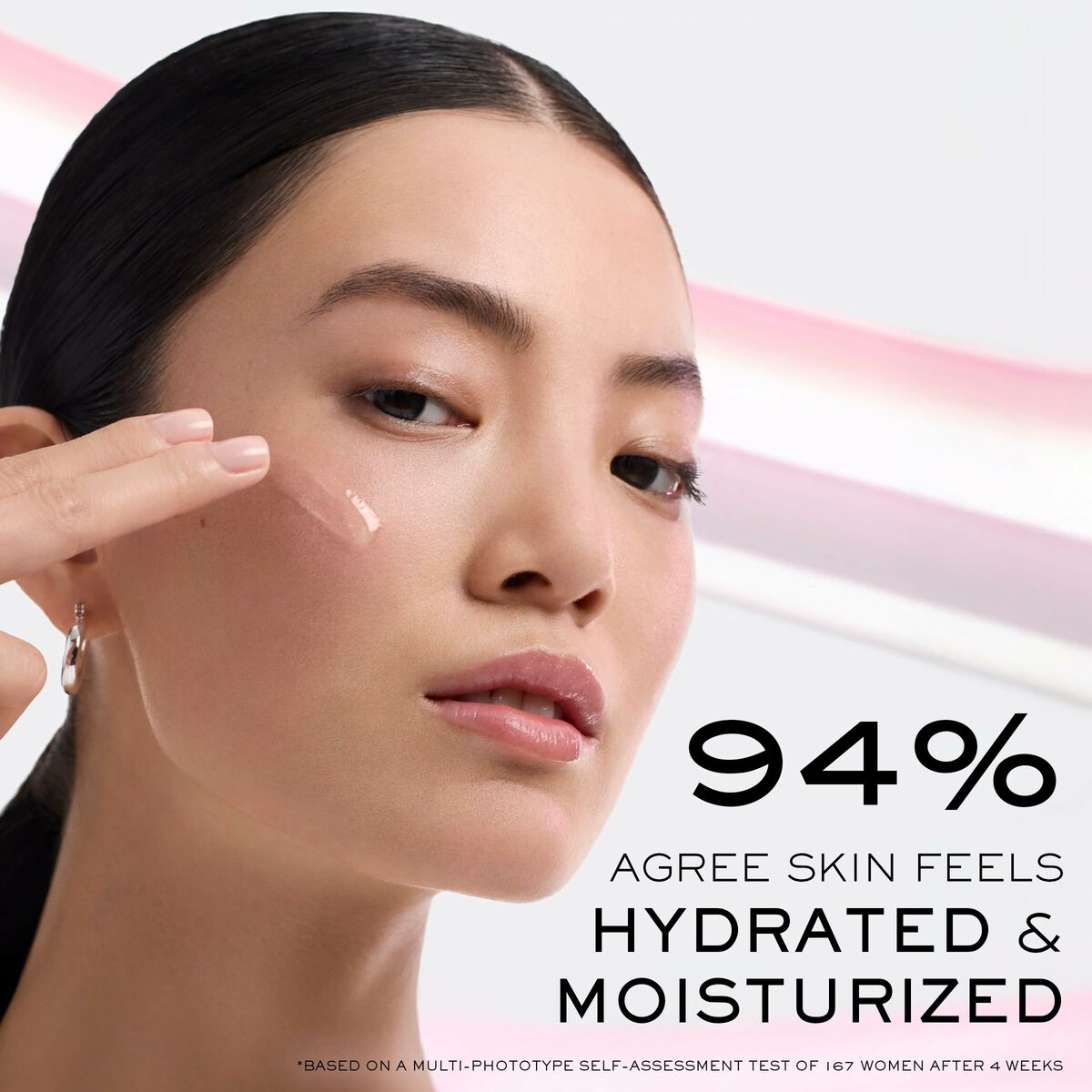 Woman applying skincare product with text showing 94% agree skin feels hydrated and moisturized.
