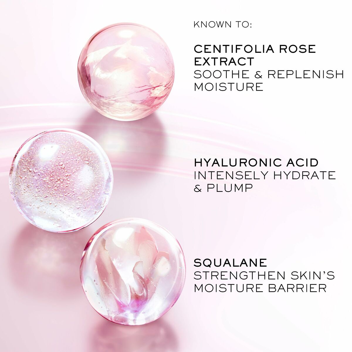 Three gel spheres showcasing Centifolia Rose Extract, Hyaluronic Acid, and Squalane for skincare benefits.