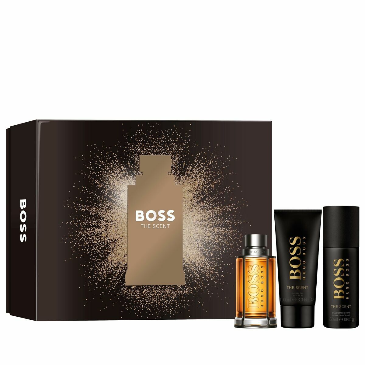 Set de Parfum Hugo Boss 3 pièces incluant Eau de Toilette, gel douche et déodorant.