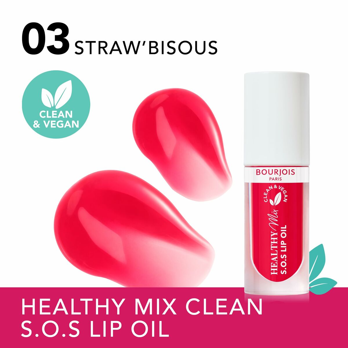 Rouge à lèvres Bourjois HEALTHY MIX S.O.S Nº 03-Straw'bisous en teinte rose vif, vegan et naturel.