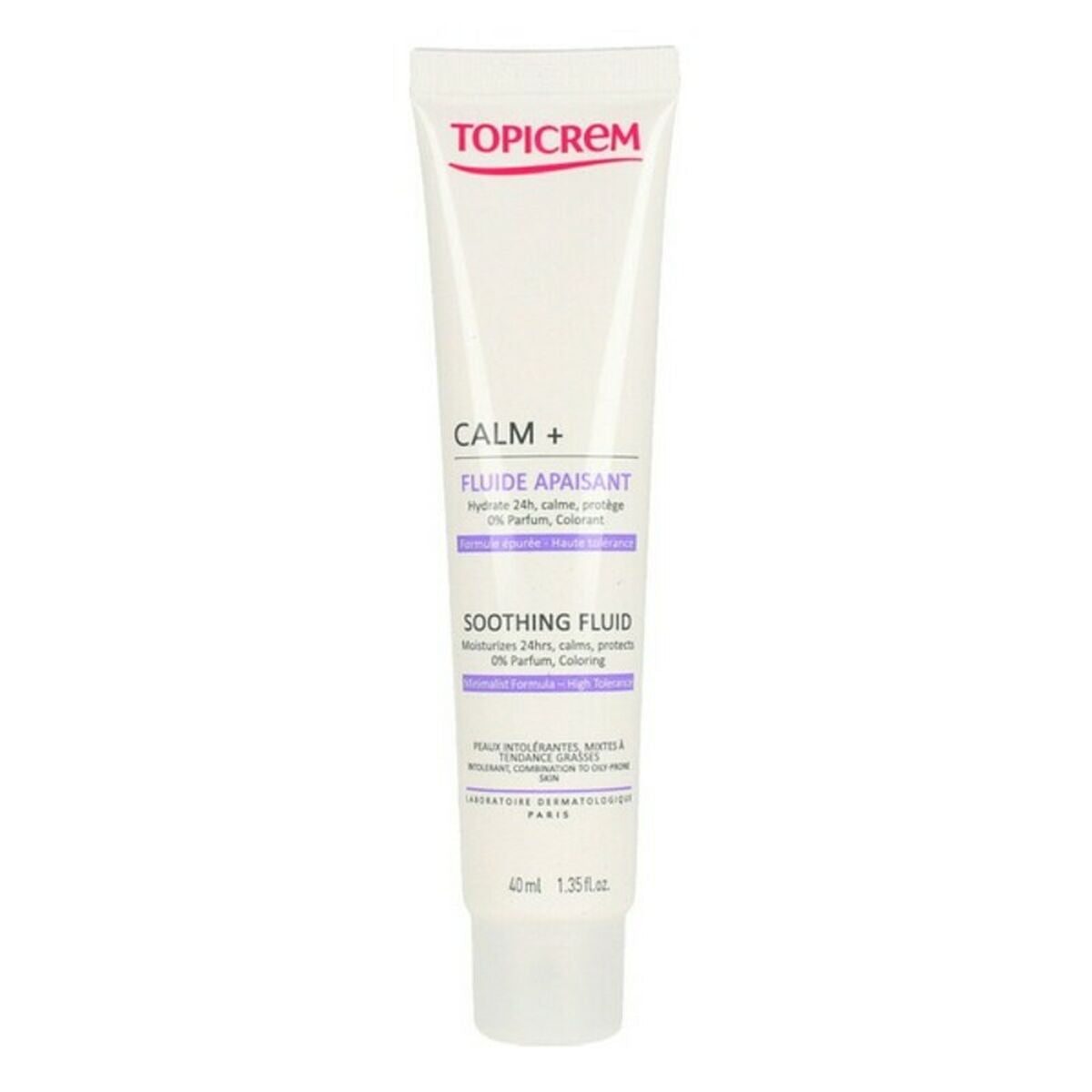 Fluide facial Calm+ Topicrem 40ml soothing fluid for sensitive skin, offering hydration and comfort.