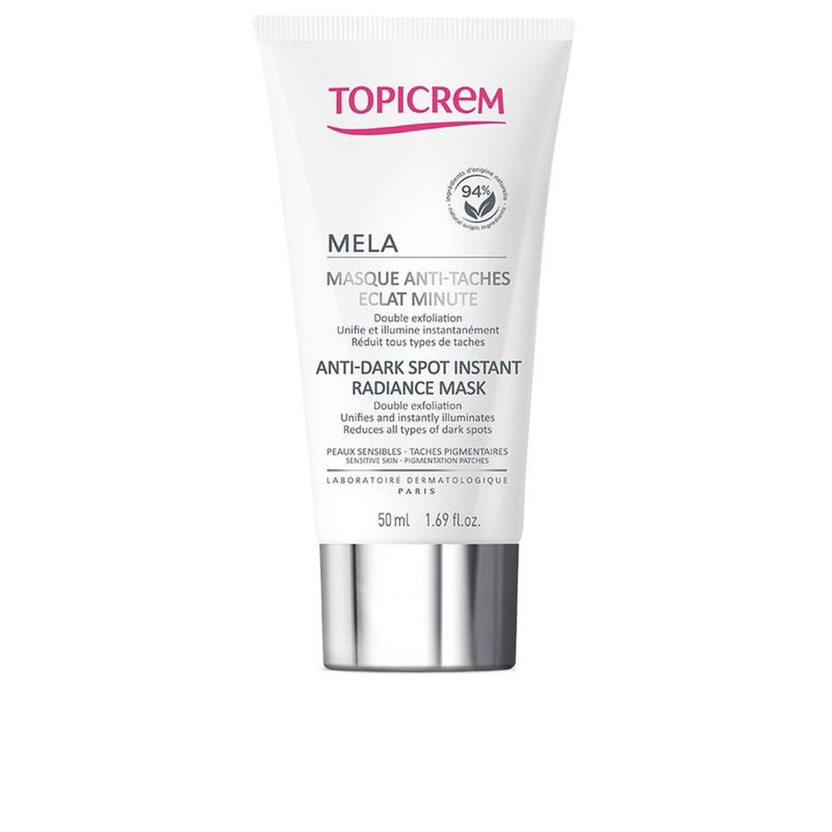 Crème anti-taches Topicrem Mela, 50 ml, gel texture, pour un teint éclatant et uniforme.
