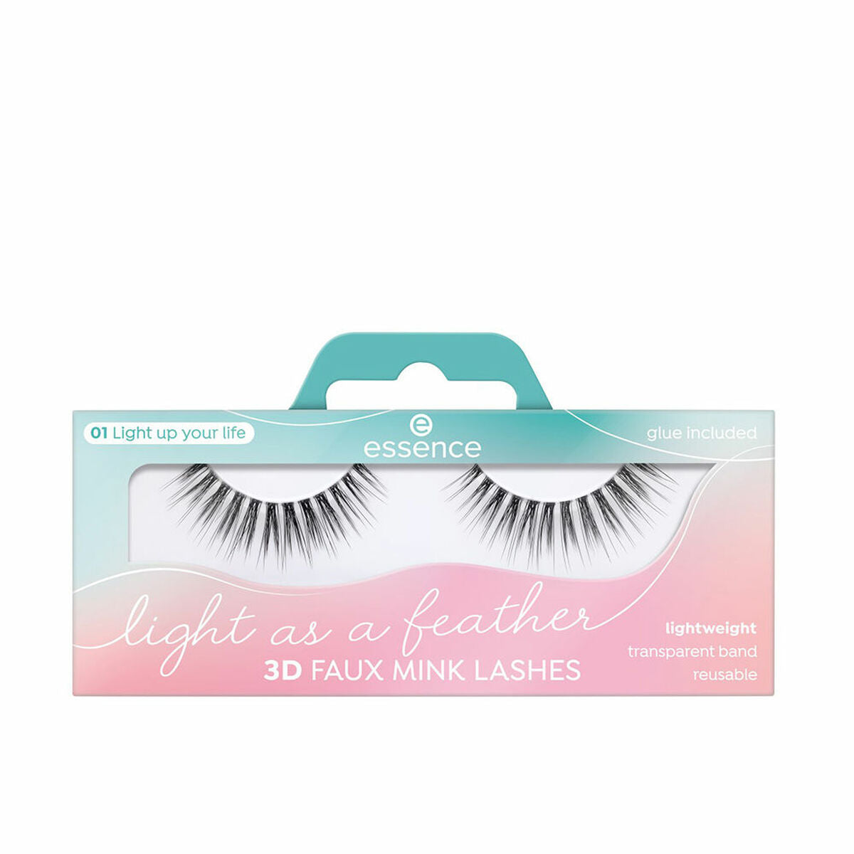 Essence Light as a Feather Nº 01 faux mink lashes, 3D reusable, lightweight, features transparent band.