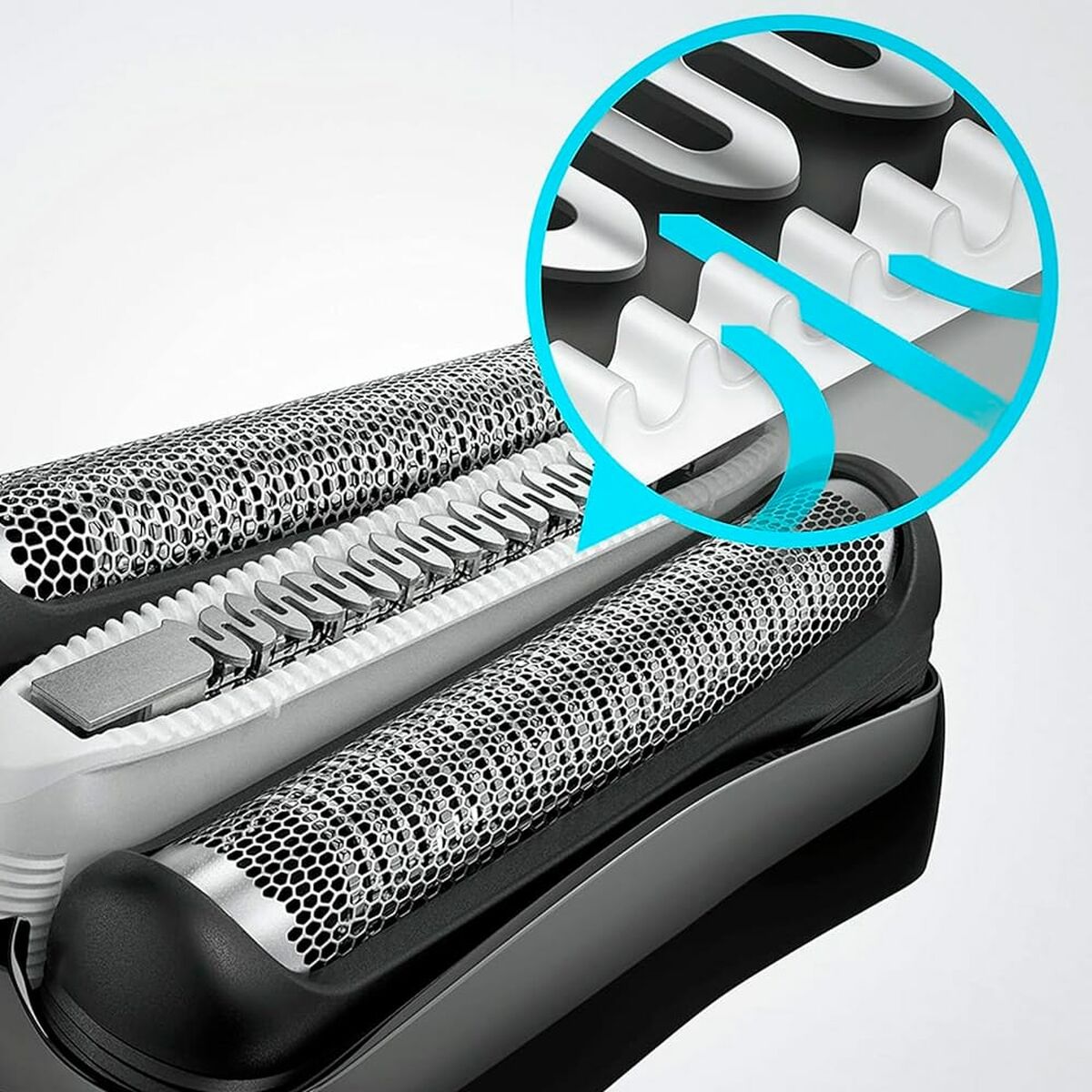 Close-up of Braun Serie 3 ProSkin electric shaver head showcasing its ergonomic design and advanced grooming technology.
