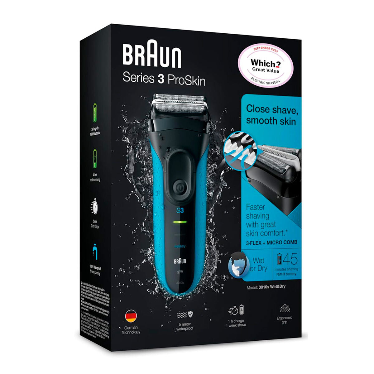 Embalage du Rasoir électrique Braun Serie 3 ProSkin, présentant un design moderne et caractéristiques de rasage humide et sec.