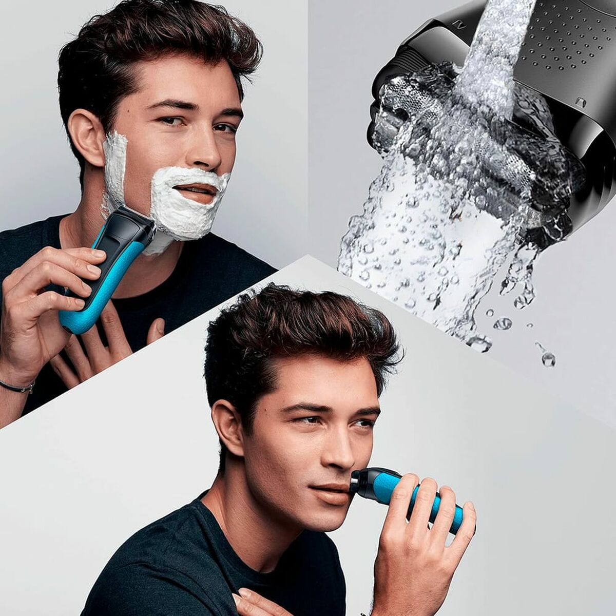 Homme utilisant le rasoir électrique Braun Serie 3 ProSkin avec mousse à raser, illustrant son utilisation étanche.