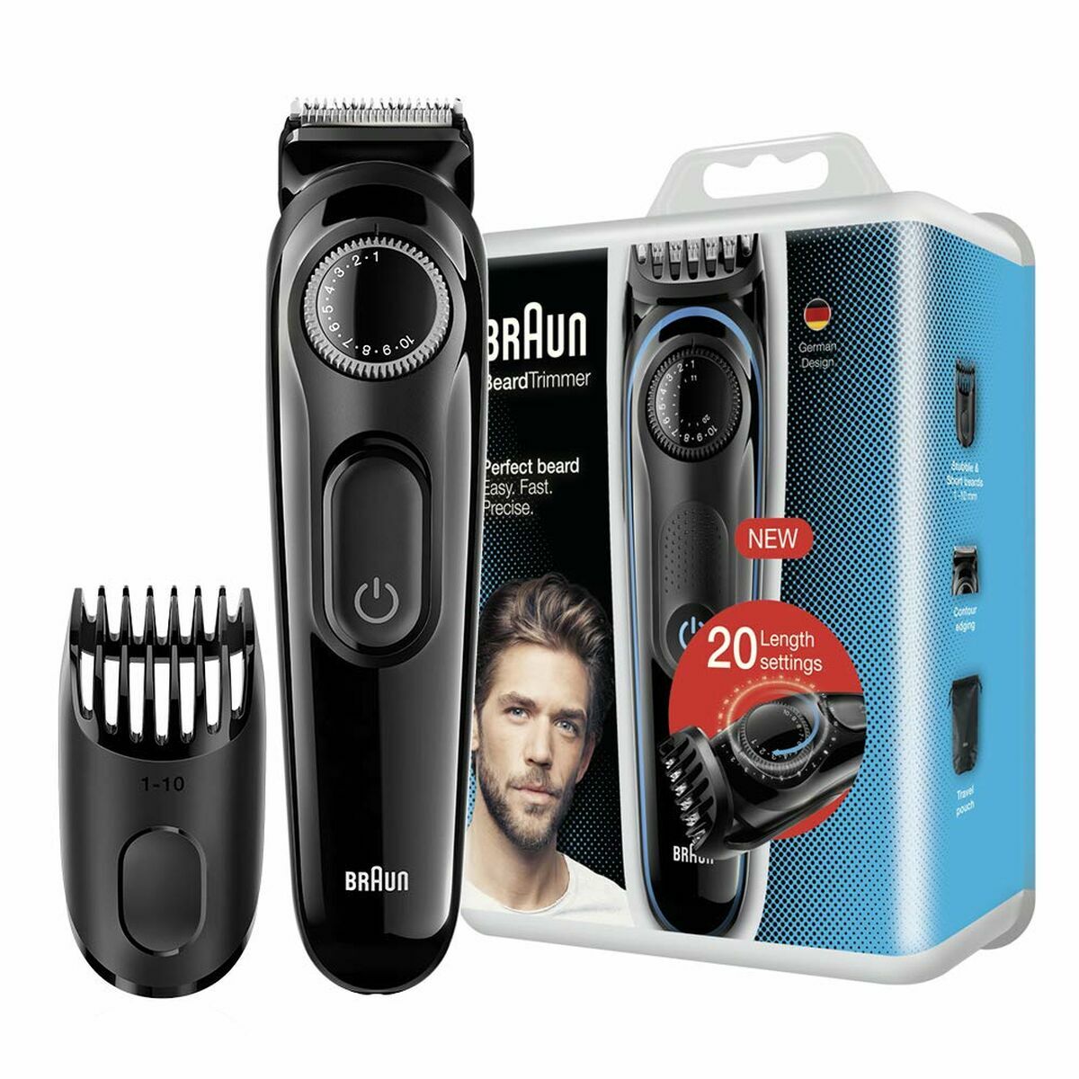 Tondeuse Braun BT3000 avec 20 réglages de longueur, idéale pour une coupe de barbe précise et rapide.