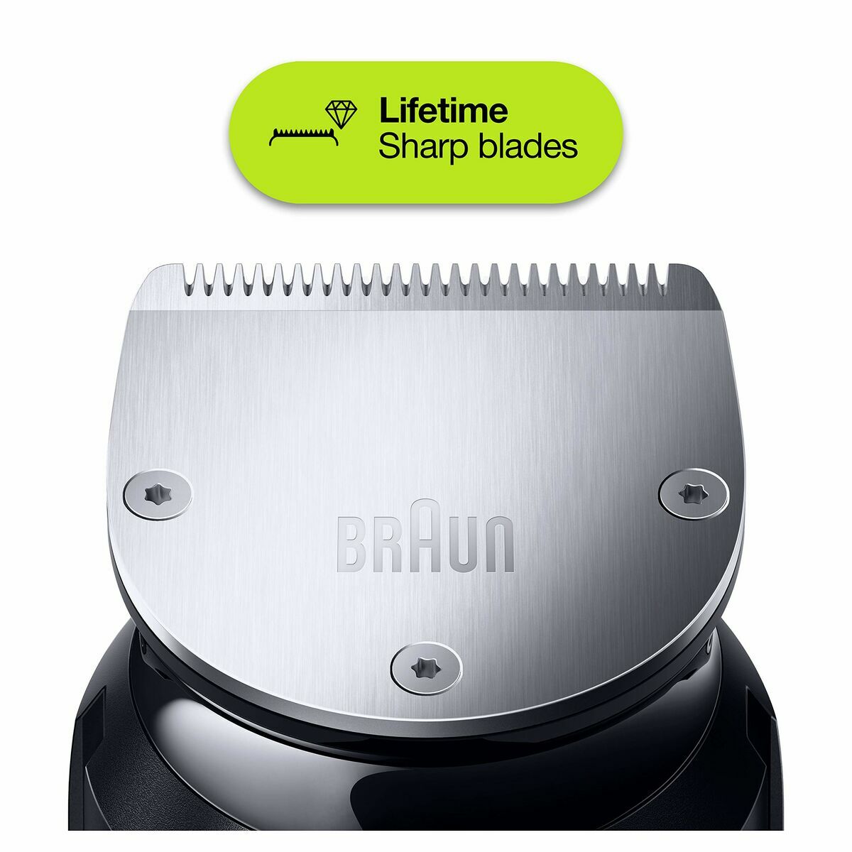 Braun BT3000 hair trimmer blades showcasing lifetime sharpness and durability in a close-up view.