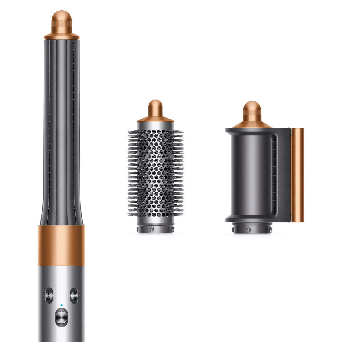 Brosse à coiffer Dyson AIRWRAP LONG avec accessoires, couleur nickel cuivré, 1300 W pour coiffure professionnelle.