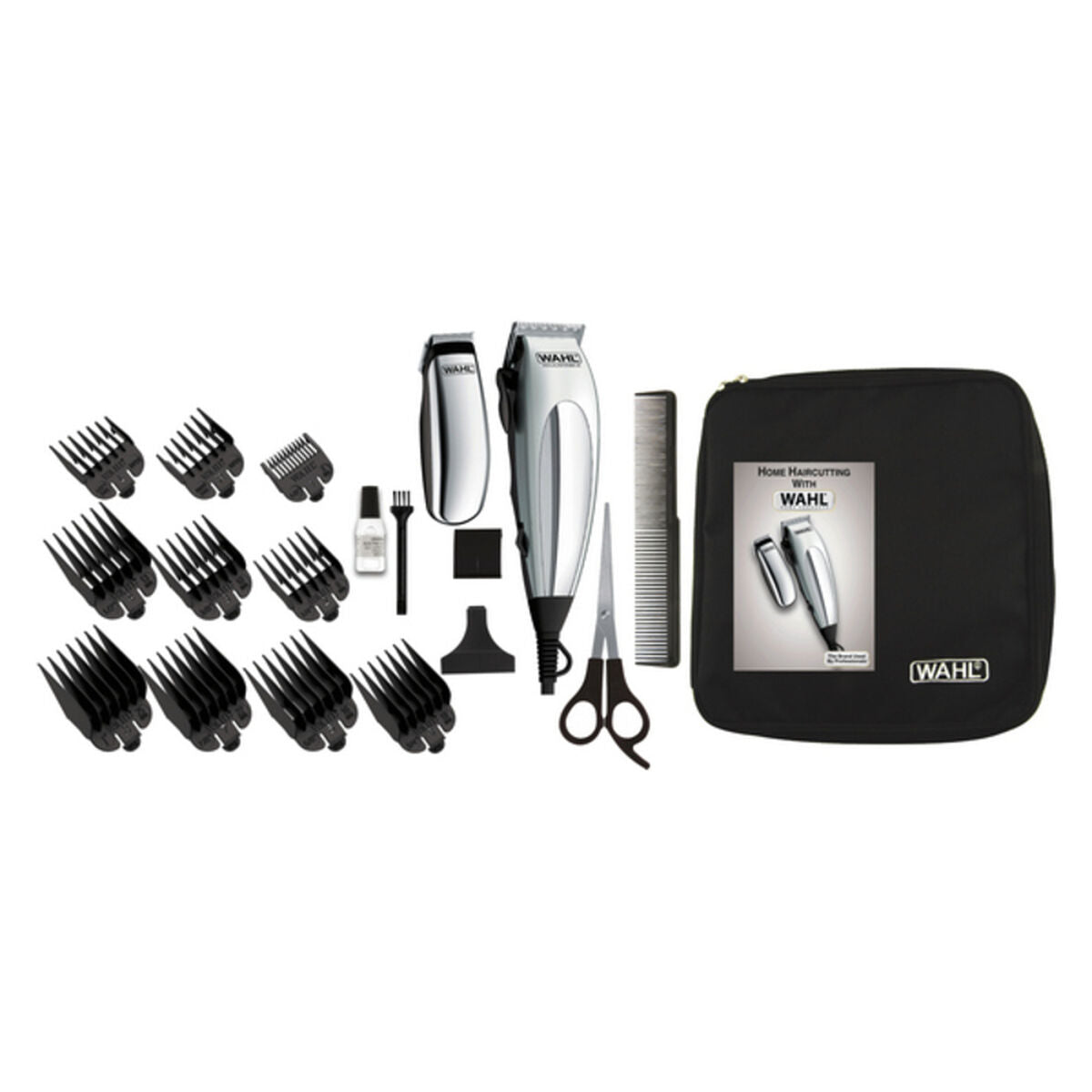 Tondeuses à cheveux Wahl 79305-1316 Argenté avec accessoires, sac, peigne et ciseaux dans un ensemble de coiffure.