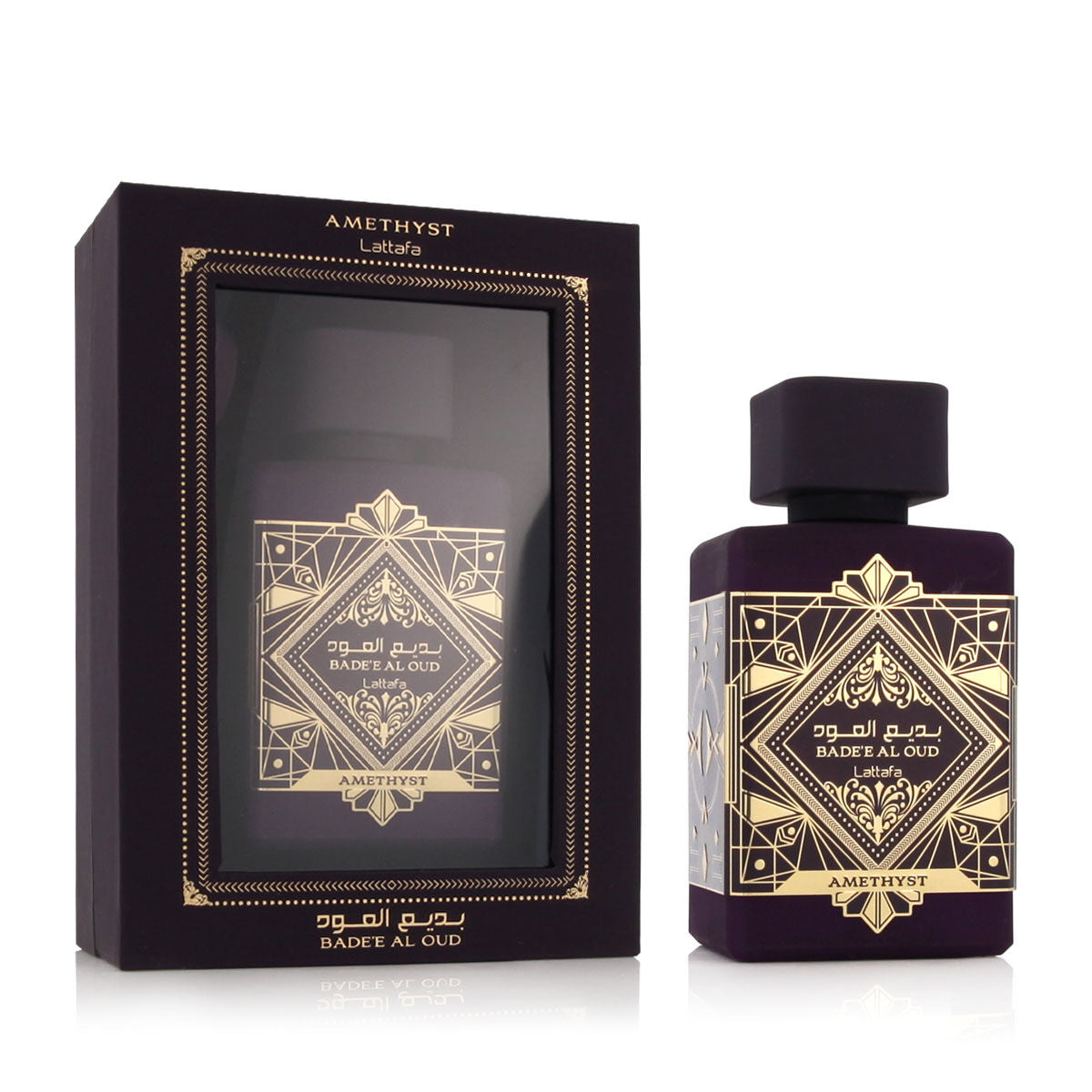 Parfum Unisexe Lattafa Bade'e Al Oud Amethyst EDP 100 ml dans sa boîte élégante avec design or et pourpre.