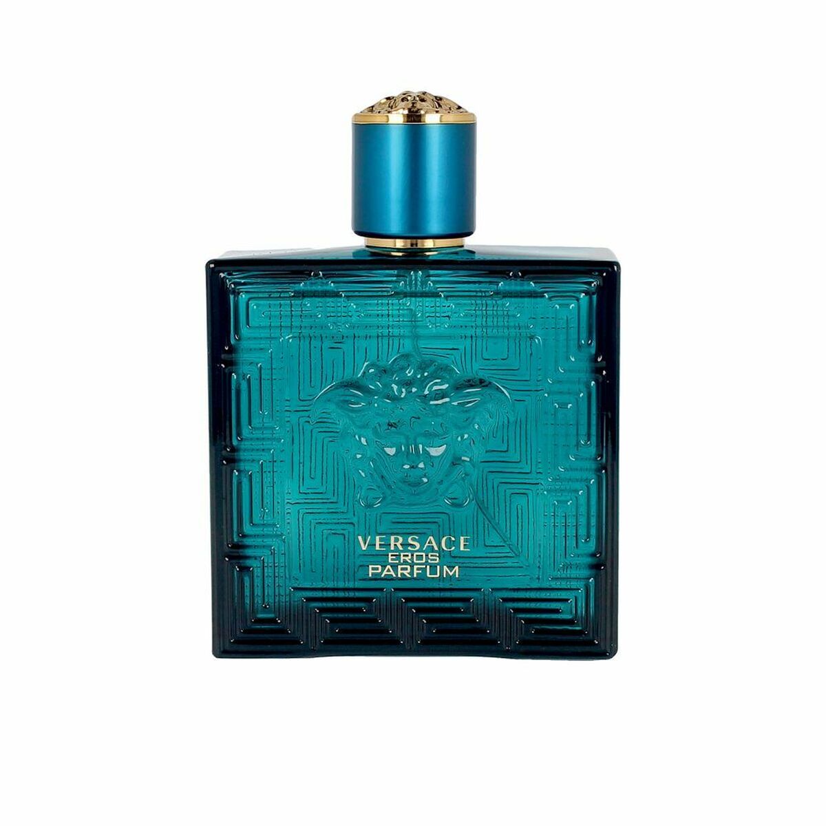 Versace Eros Parfum bottle with a striking blue design and gold accents, embodying luxury and sophistication.