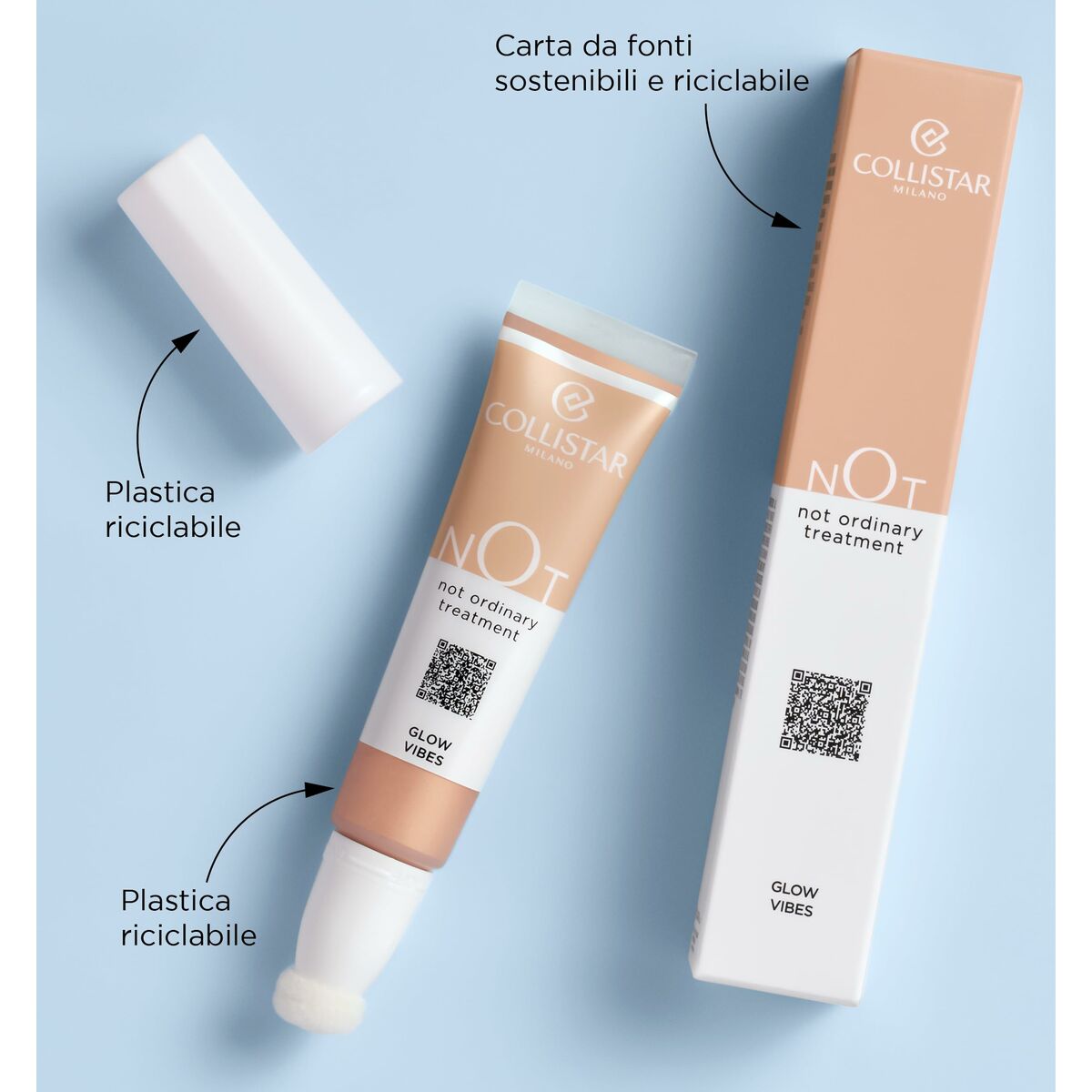 Collistar NOT ordinary treatment tube and packaging, highlighting recyclable materials and eco-friendly features.
