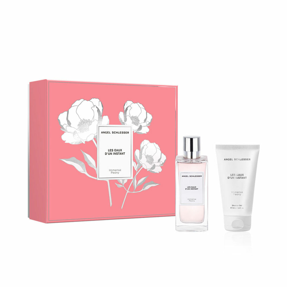 Set de parfum unisexe Angel Schlesser Les Eaux d'un Instant Immense Peony, 2 pièces en emballage rose.