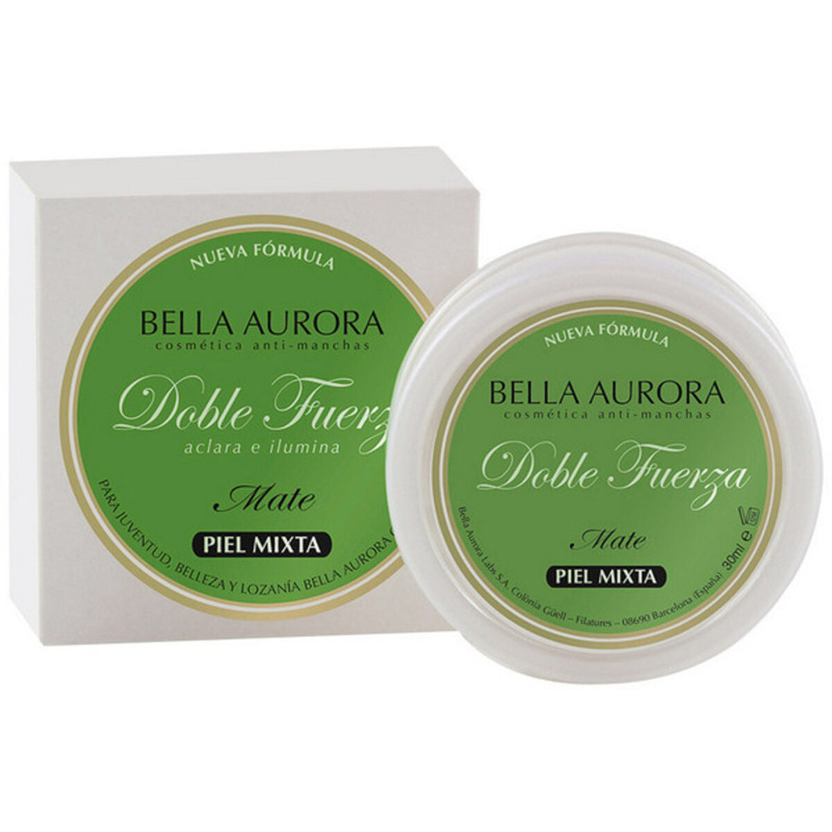 Crème anti-taches Doble Fuerza Mate Bella Aurora, 30 ml, soin éclaircissant pour peau mixte.