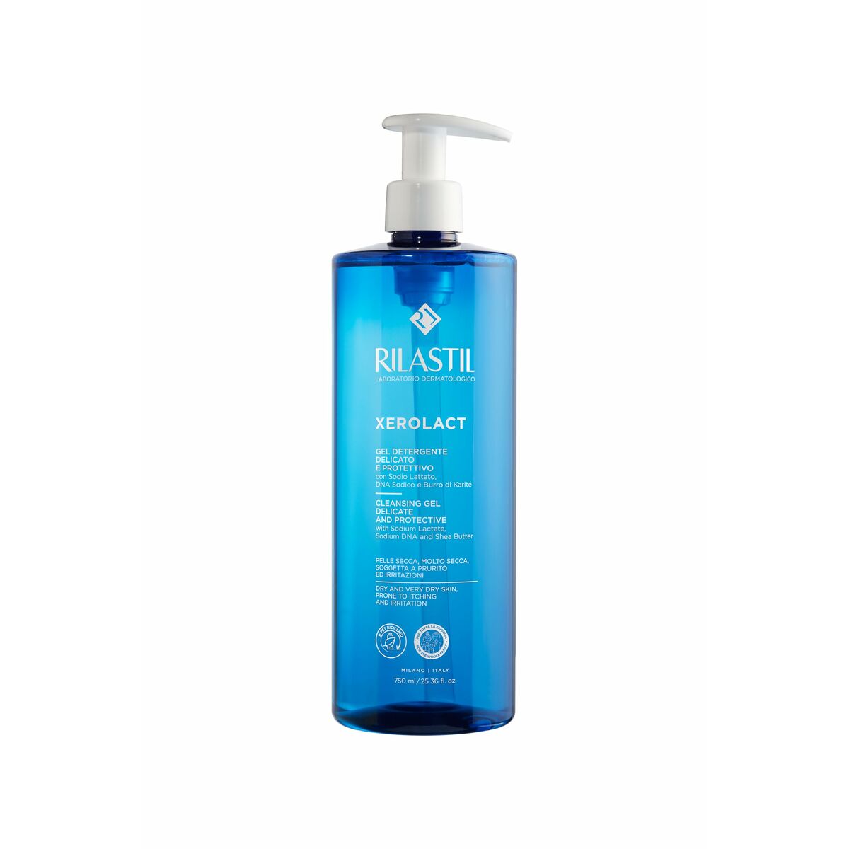 Gel nettoyant visage Rilastil XEROLACT 750 ml, produit hypoallergénique pour un soin de la peau de qualité.