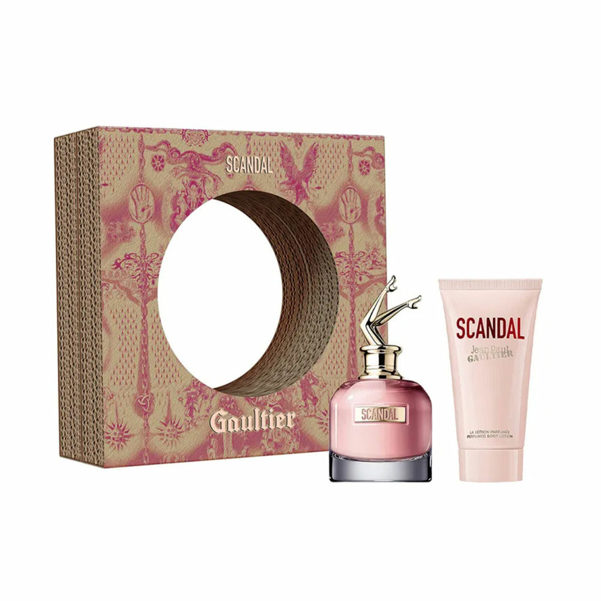 Set de Parfum Femme Jean Paul Gaultier SCANDAL, comprenant un flacon et une crème, en emballage élégant.