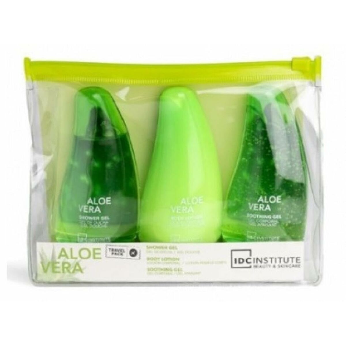Shampooing IDC Institute ALOE VERA 3 Pièces, lot de produits cosmétiques unisexe avec gel douche et lotion.