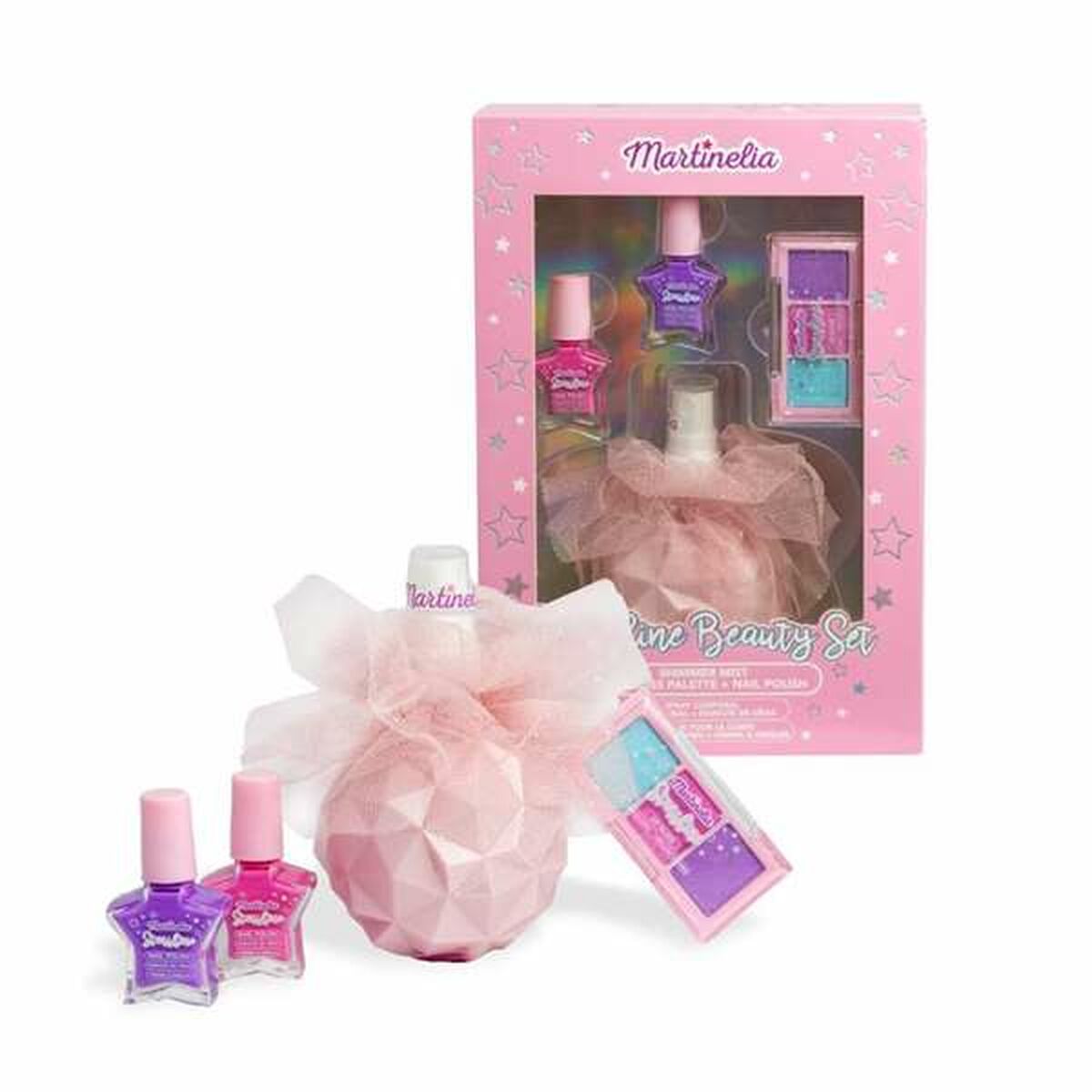 Kit de maquillage pour enfant Martinelia avec accessoires, emballage rose, idéal pour les enfants de plus de 3 ans.