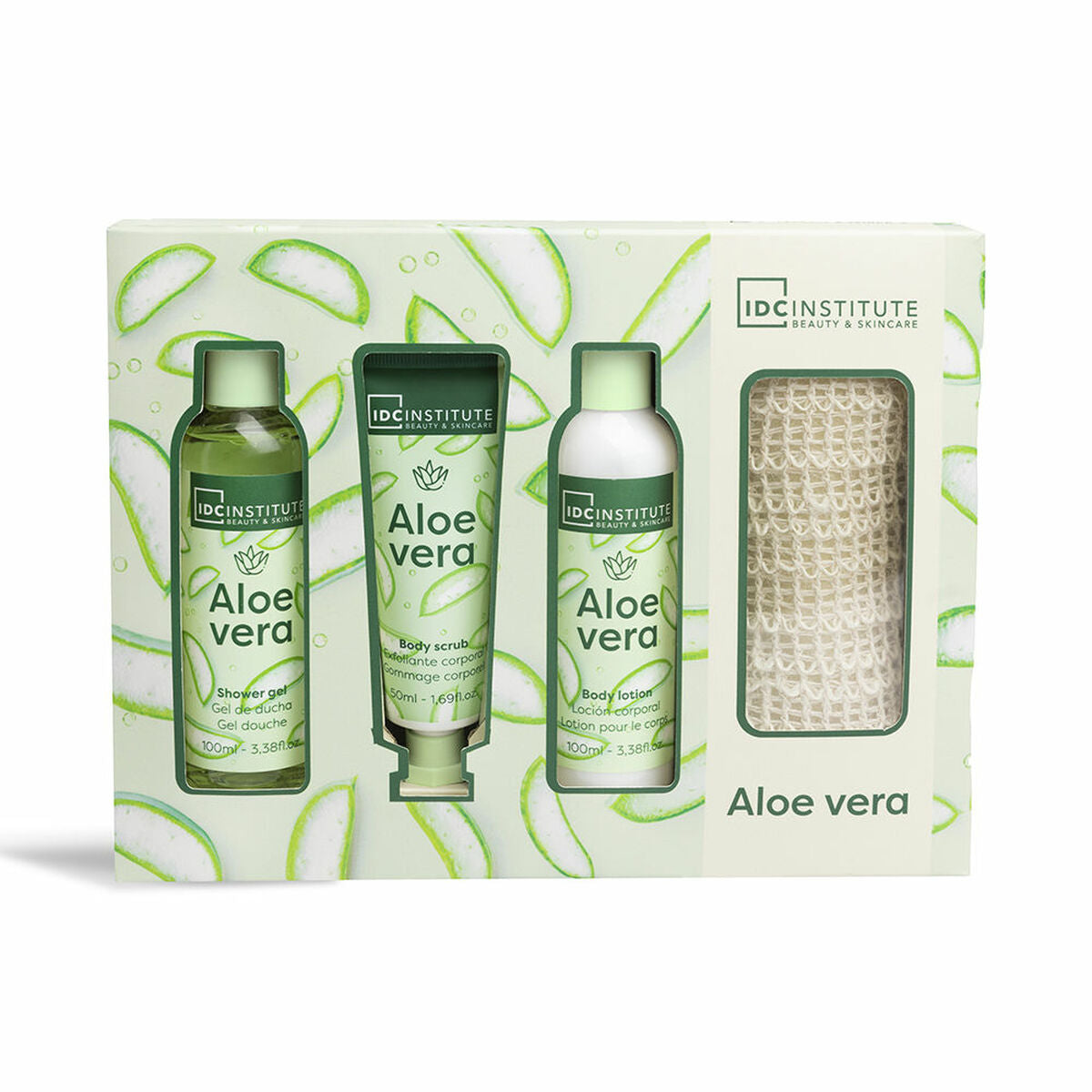 Lot d'hygiène IDC Institute ALOE VERA 4 pièces avec gel douche, exfoliant, lotion et masseur.