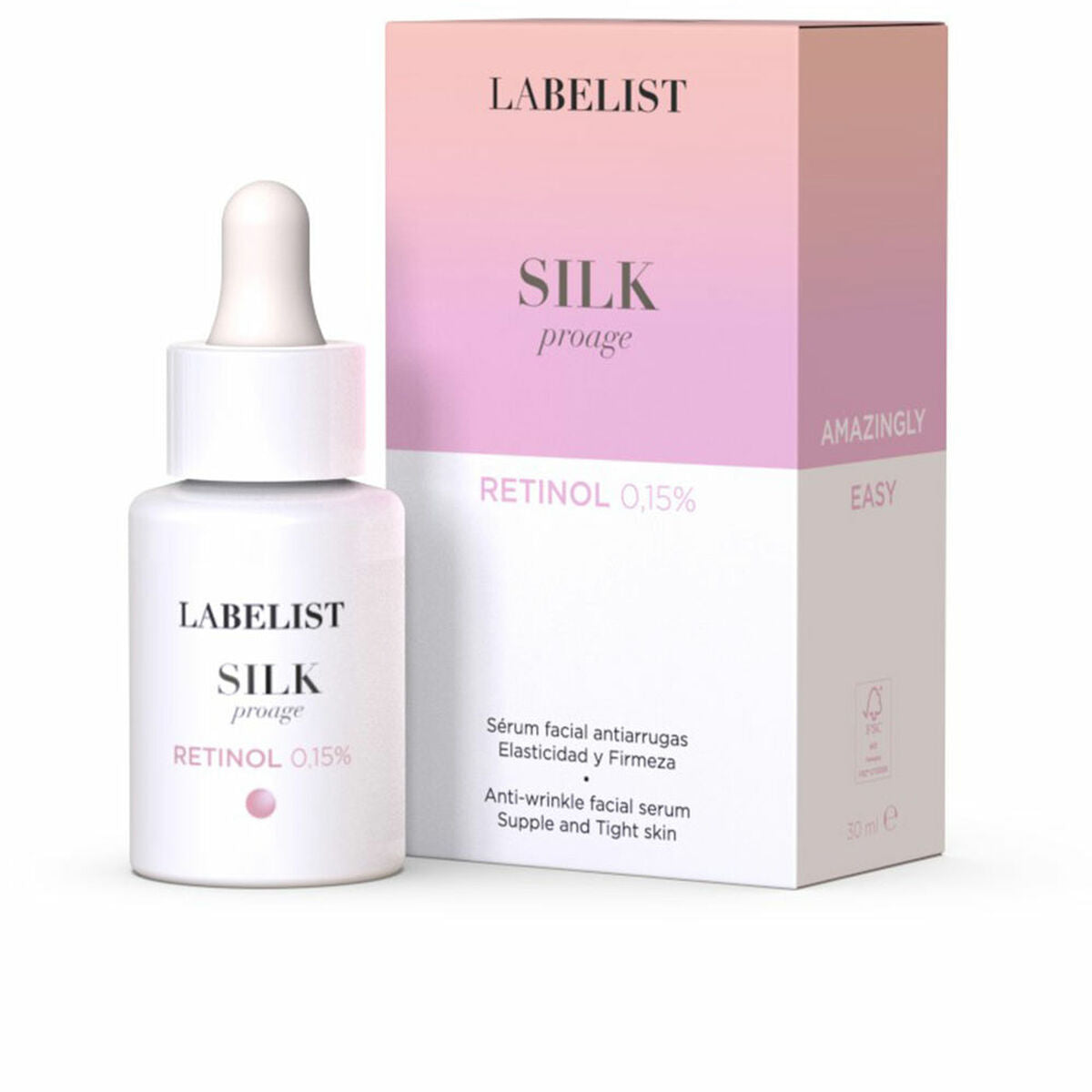 Labelist Silk Proage Retinol 0.15% facial serum and packaging for anti-wrinkle skincare, 30 ml bottle.