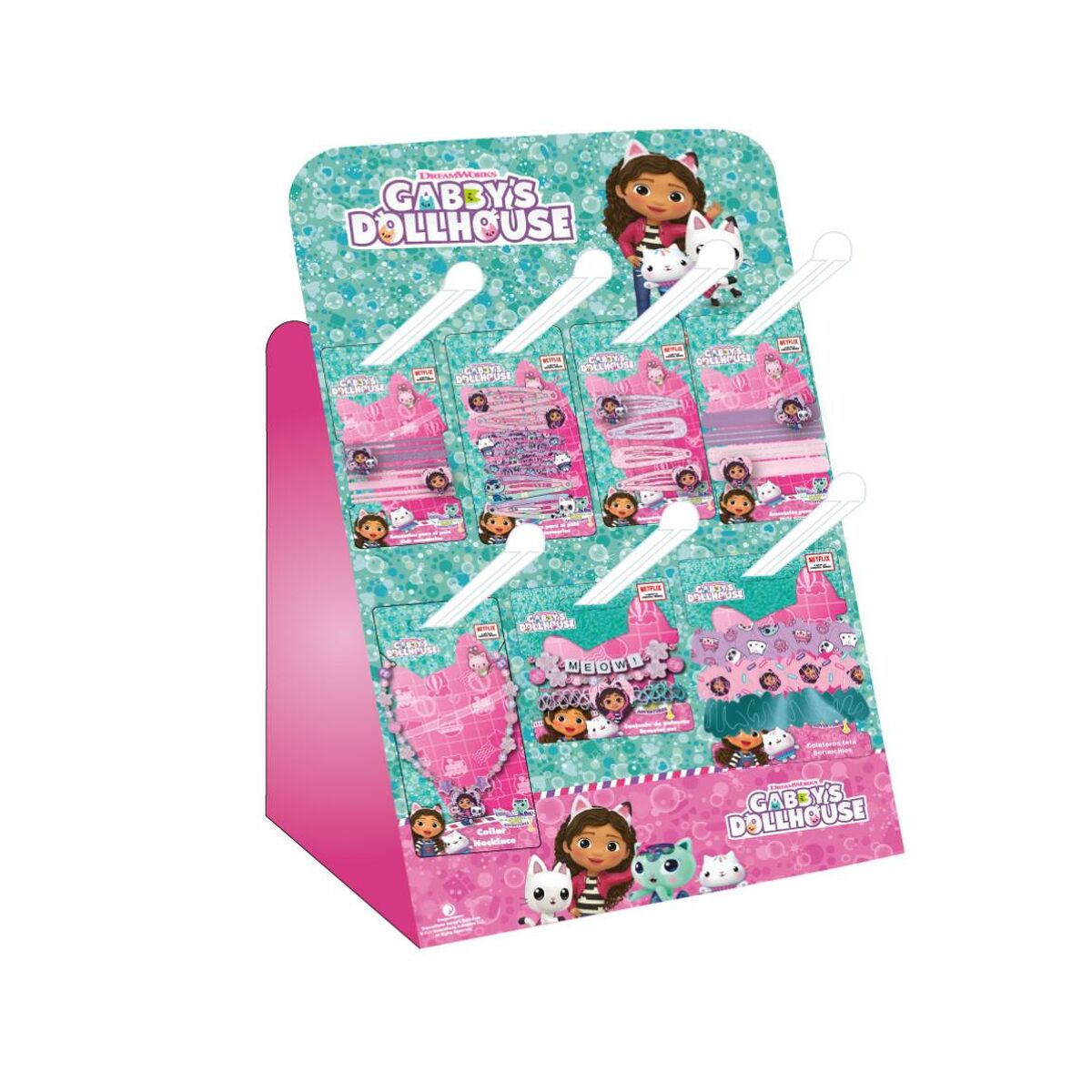 Display of Gabby's Dollhouse hair clips, featuring pink designs and popular characters from the show.