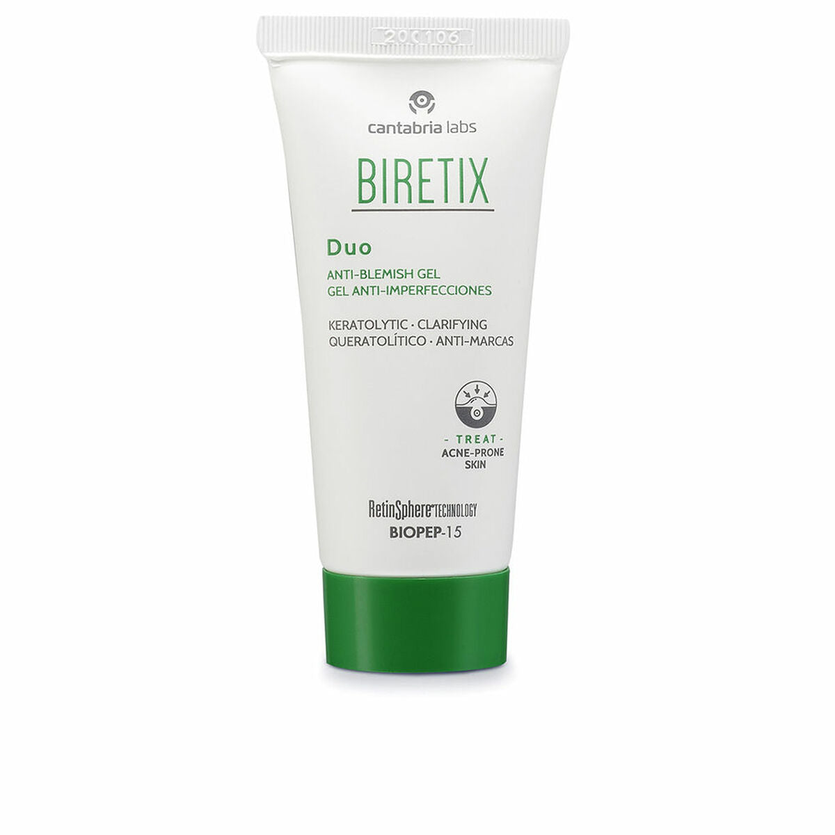 BIRETIX anti-blemish gel tube for acne-prone skin treatment, designed for clearer, healthier complexion.