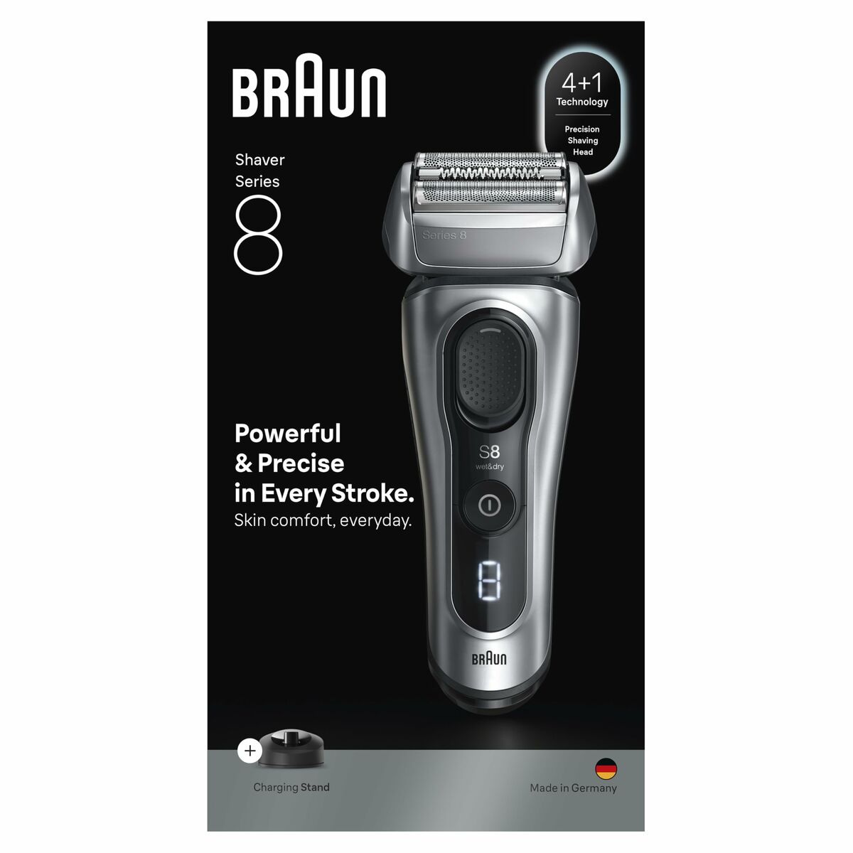 Braun Series 8 8617S electric shaver pack with charging stand, showcasing powerful precision and skin comfort.