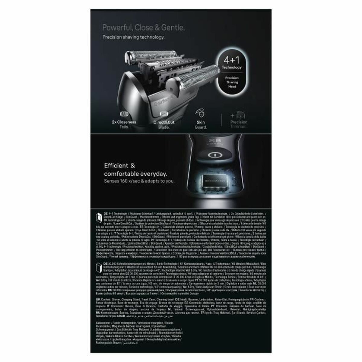 Rasoir electrique Braun Series 8 8617S, technologie de rasage précise, affichage et description des fonctionnalités.