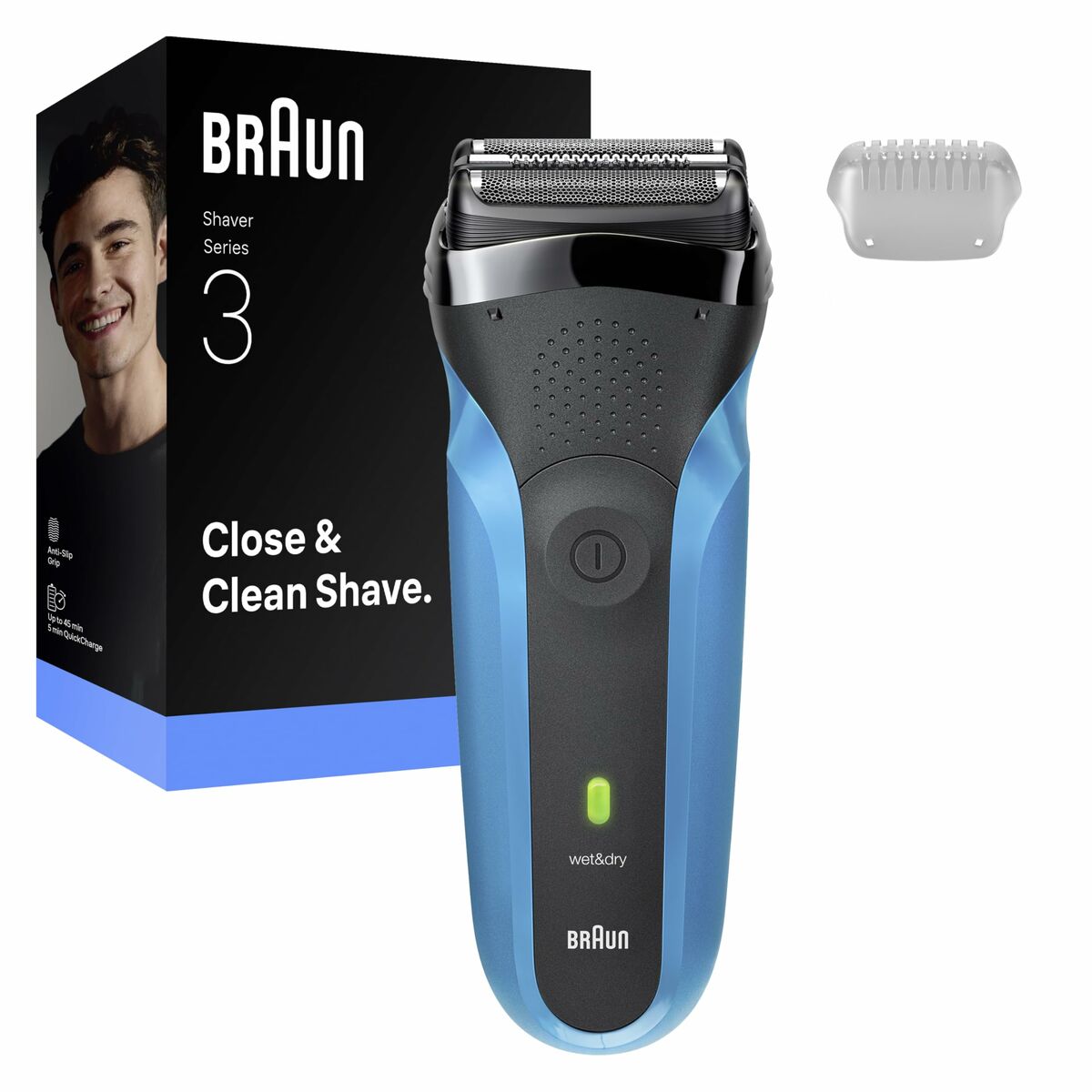 Braun Series 3 electric shaver with blue design and packaging, offers a close and clean shave for effective grooming.