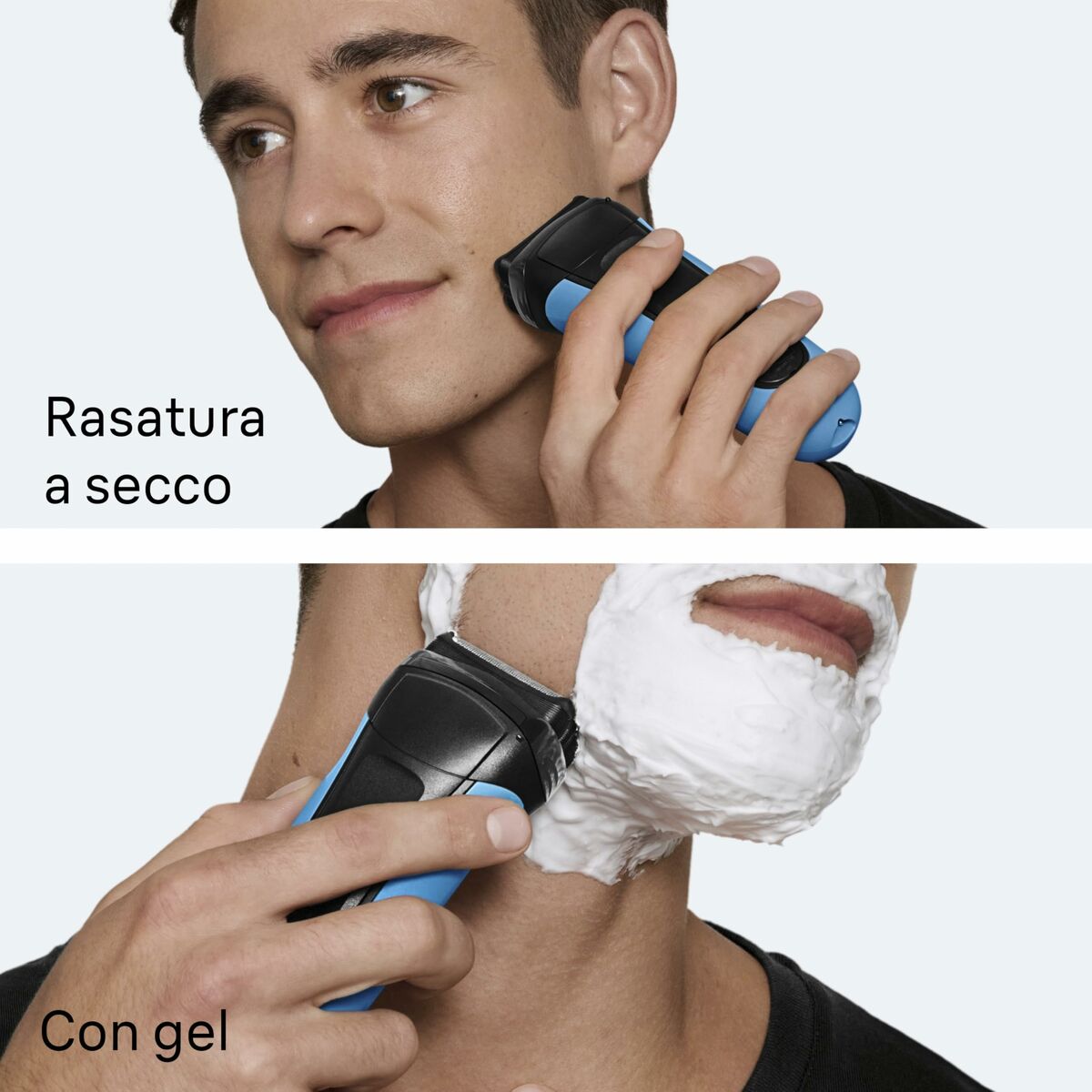 Homme utilisant le rasoir électrique Braun Series 3 pour rasage à sec et avec gel, mettant en avant sa polyvalence.