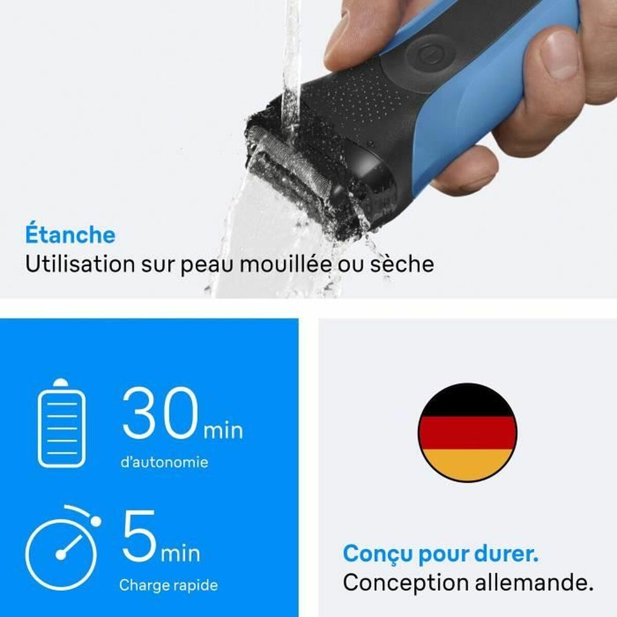 Rasoir electrique Braun Series 3 étanche, autonomie de 30 min, charge rapide en 5 min, conçu pour durer, design allemand.