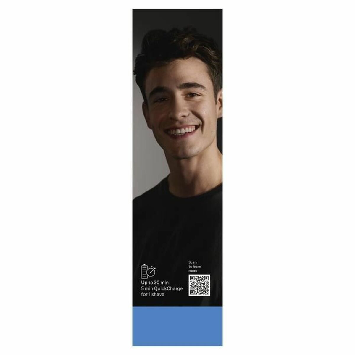 Young man smiling with a Braun electric razor charging time details on the side, showcasing efficient grooming technology.