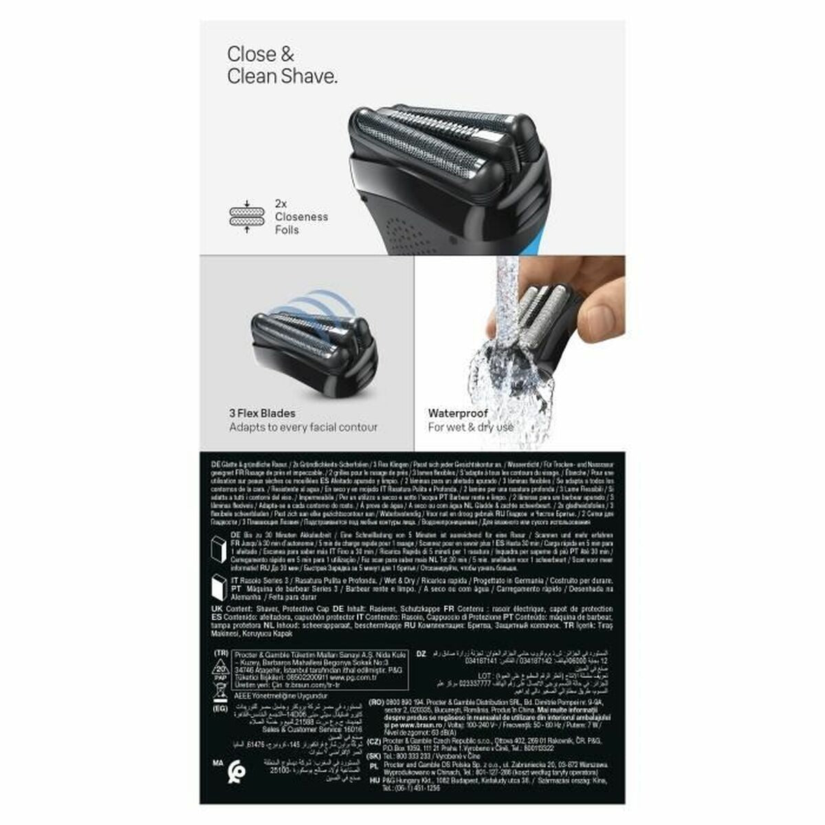 Rasoir electrique Braun Series 3 avec 3 lames flexibles, waterproof et double foils pour un rasage de précision.