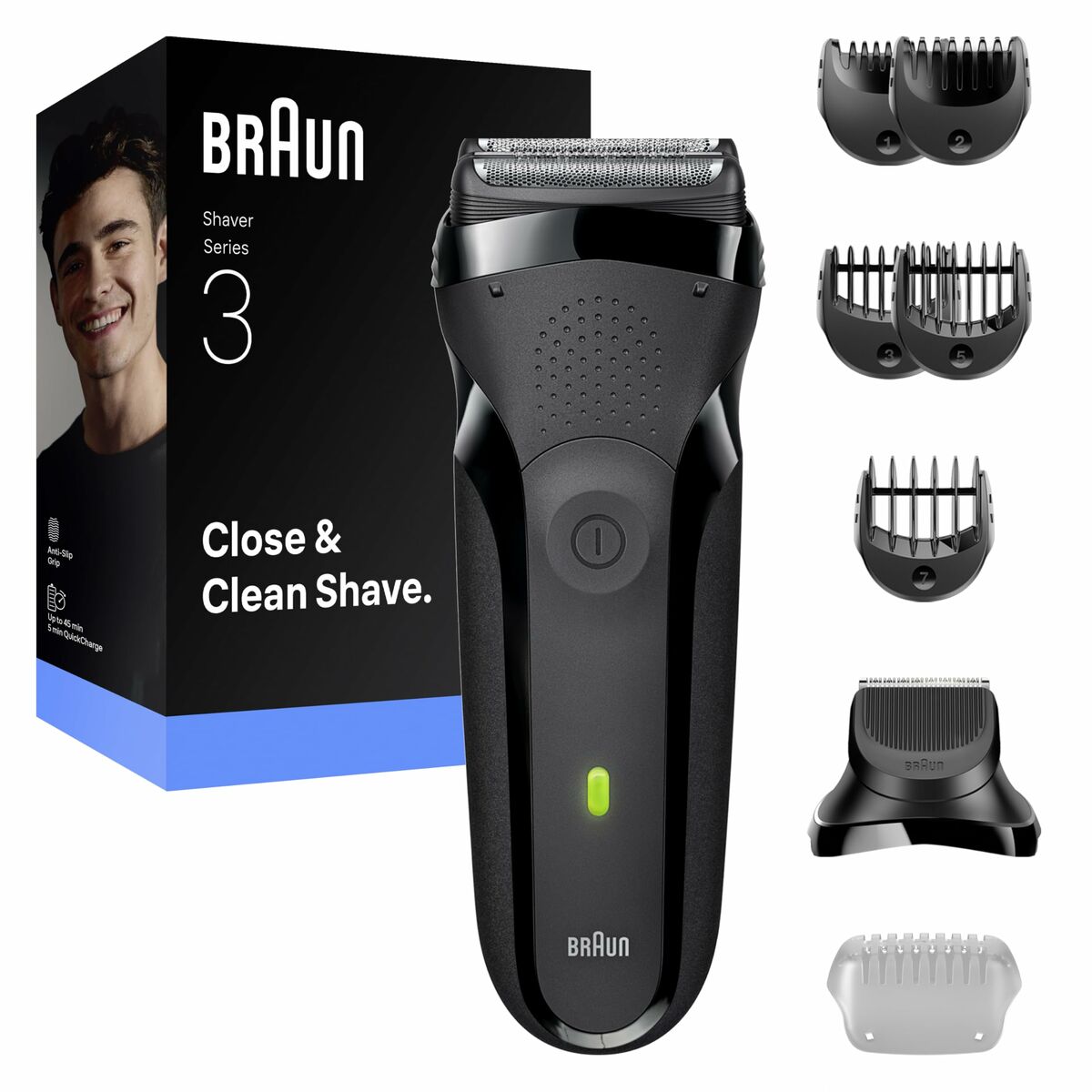 Rasoir électrique Braun Series 3, livré avec accessoires, conçu pour un rasage propre et proche.
