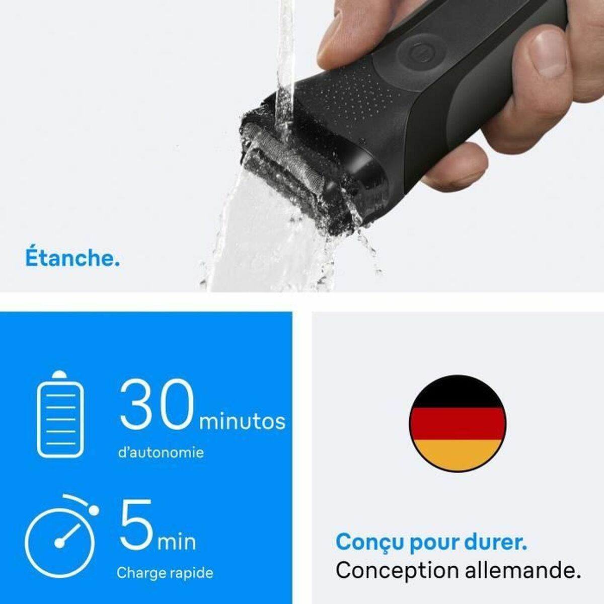 Rasoir électrique Braun Series 3 étanche avec 30 minutes d'autonomie et charge rapide de 5 minutes.