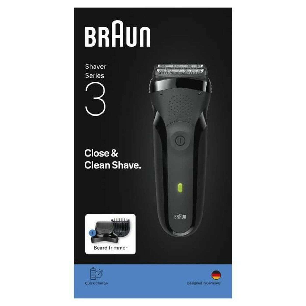 Rasoir électrique Braun Series 3, design noir, pour un rasage de près et propre, avec tondeuse à barbe intégrée.