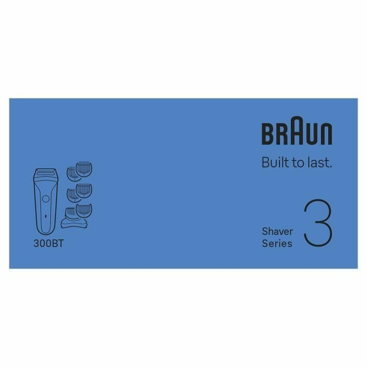 Braun Series 3 electric shaver packaging, featuring model 300BT, highlighting durability and personal care.