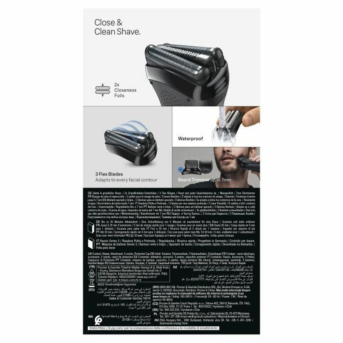 Rasoir électrique Braun Series 3 avec 3 lames flexibles, waterproof, et 2 feuilles de proximité pour un rasage impeccable.