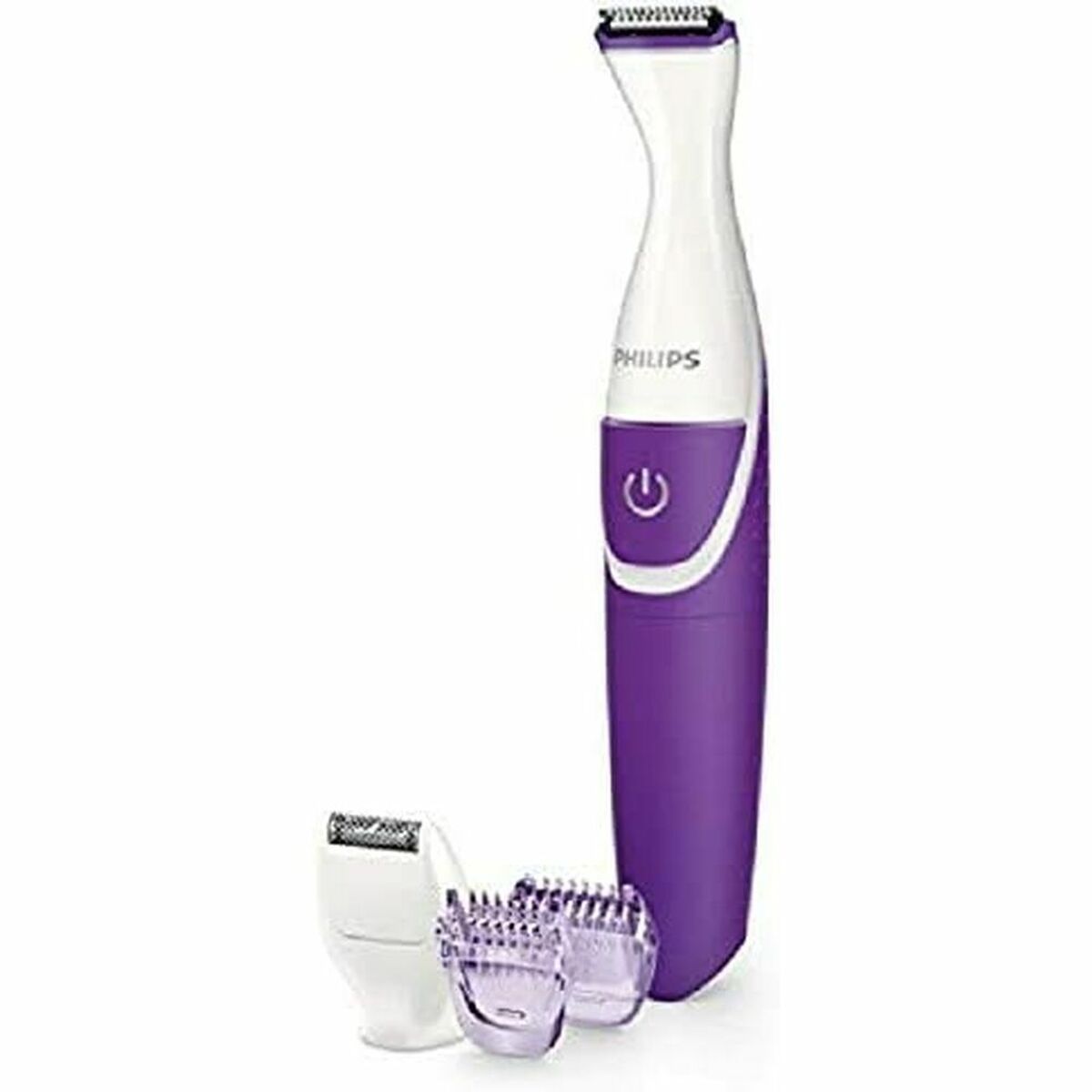 Rasoir Philips BRT383/15 violet et blanc avec têtes interchangeables pour épilation précise.