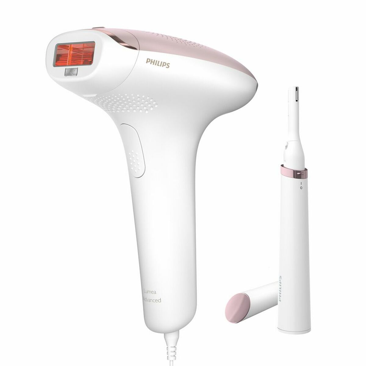 Épilateur électrique Philips BRI920/00 blanc et rose avec lampe IPL et accessoire épilation, adapté pour soins esthétiques.