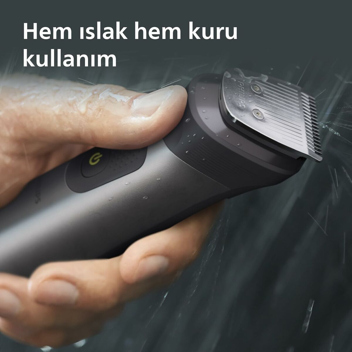 Philips electric shaver in use, suitable for both wet and dry shaving, showcasing ergonomic design and waterproof features.