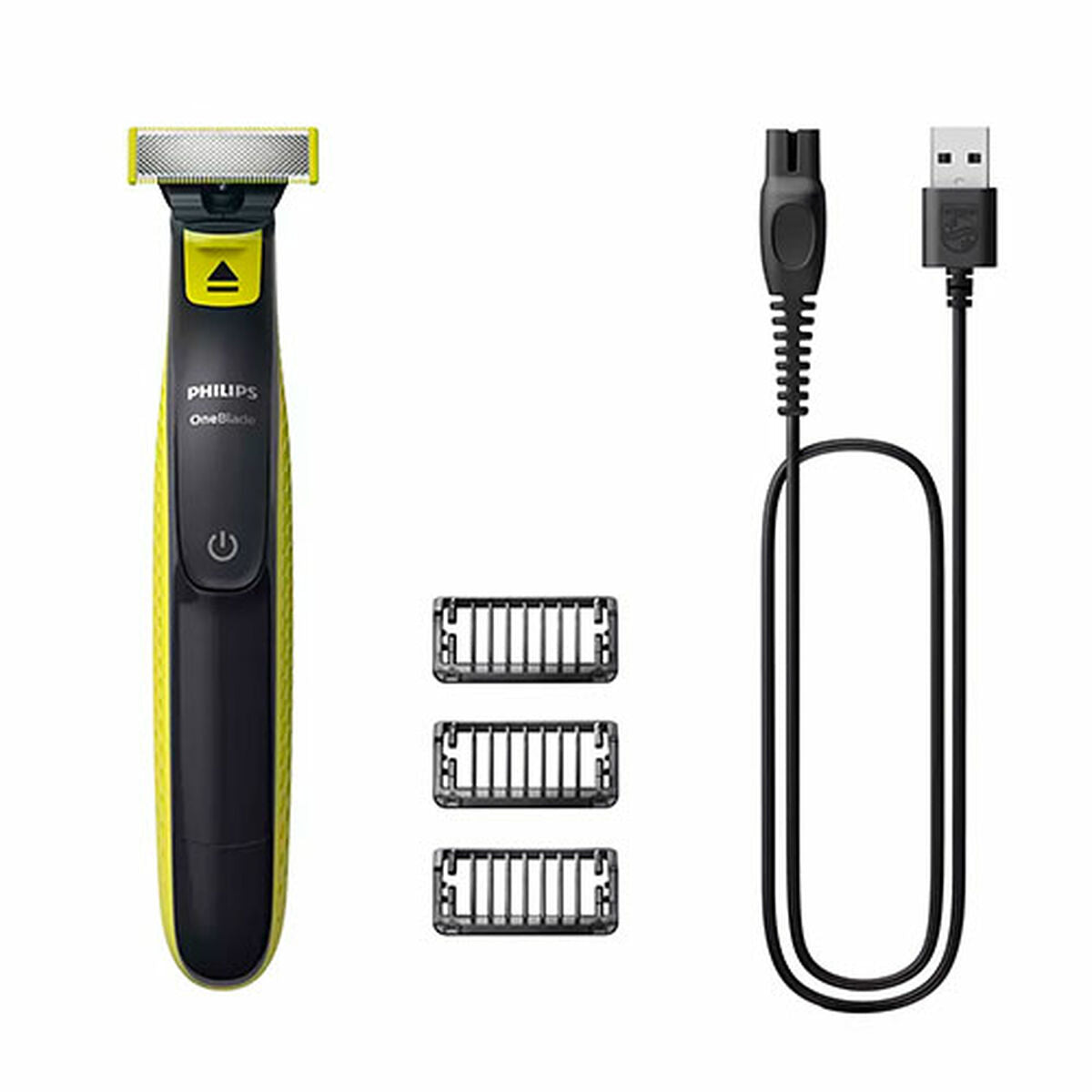 Tondeuse Philips OneBlade avec accessoires, chargeur USB et lames de coupe interchangeable.