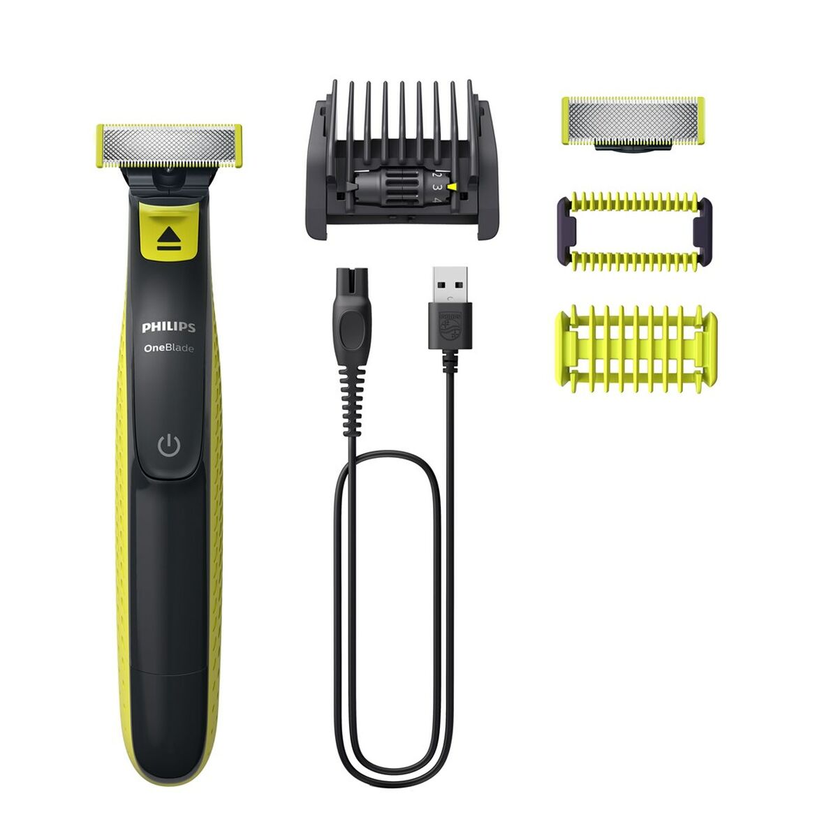 Philips QP2824/20 razor with USB connection, charger, and attachments for trimming and shaving.