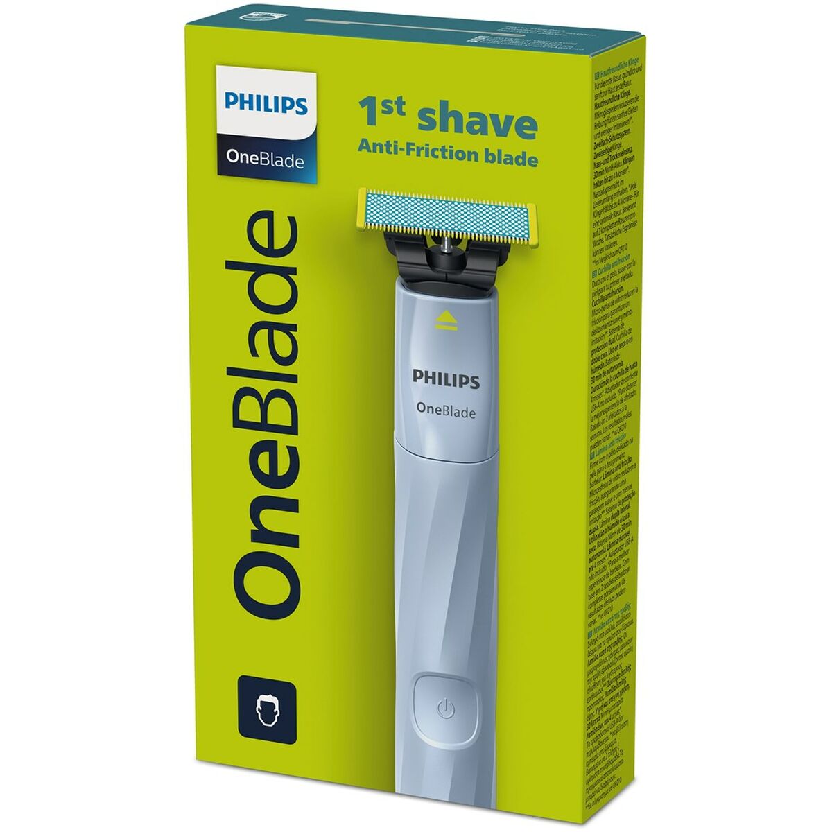 Philips OneBlade Pro in packaging, designed for anti-friction and wet/dry shaving, featuring rechargeable battery.