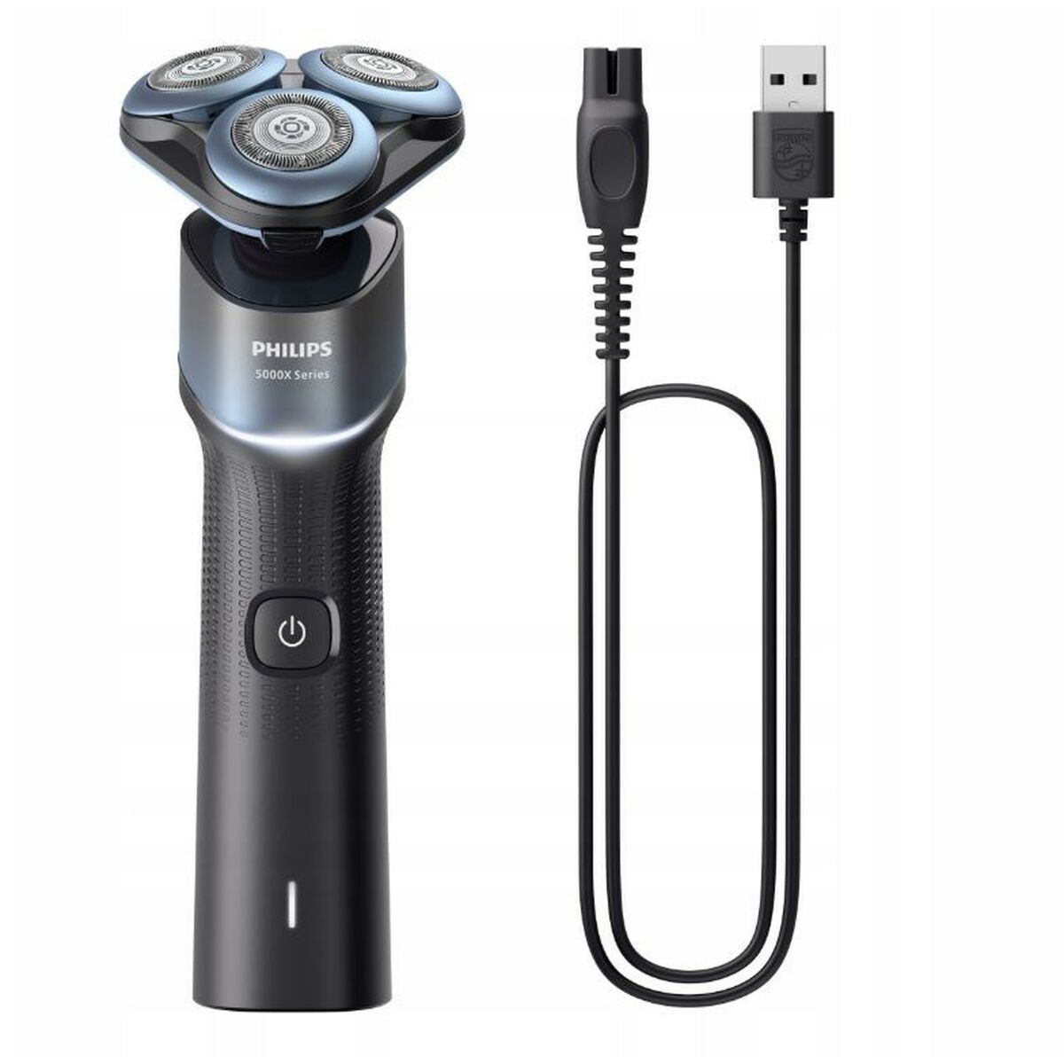 Tondeuse électrique Philips X5006/00 avec chargeur USB, design noir, rasoir rechargeable et lavable.