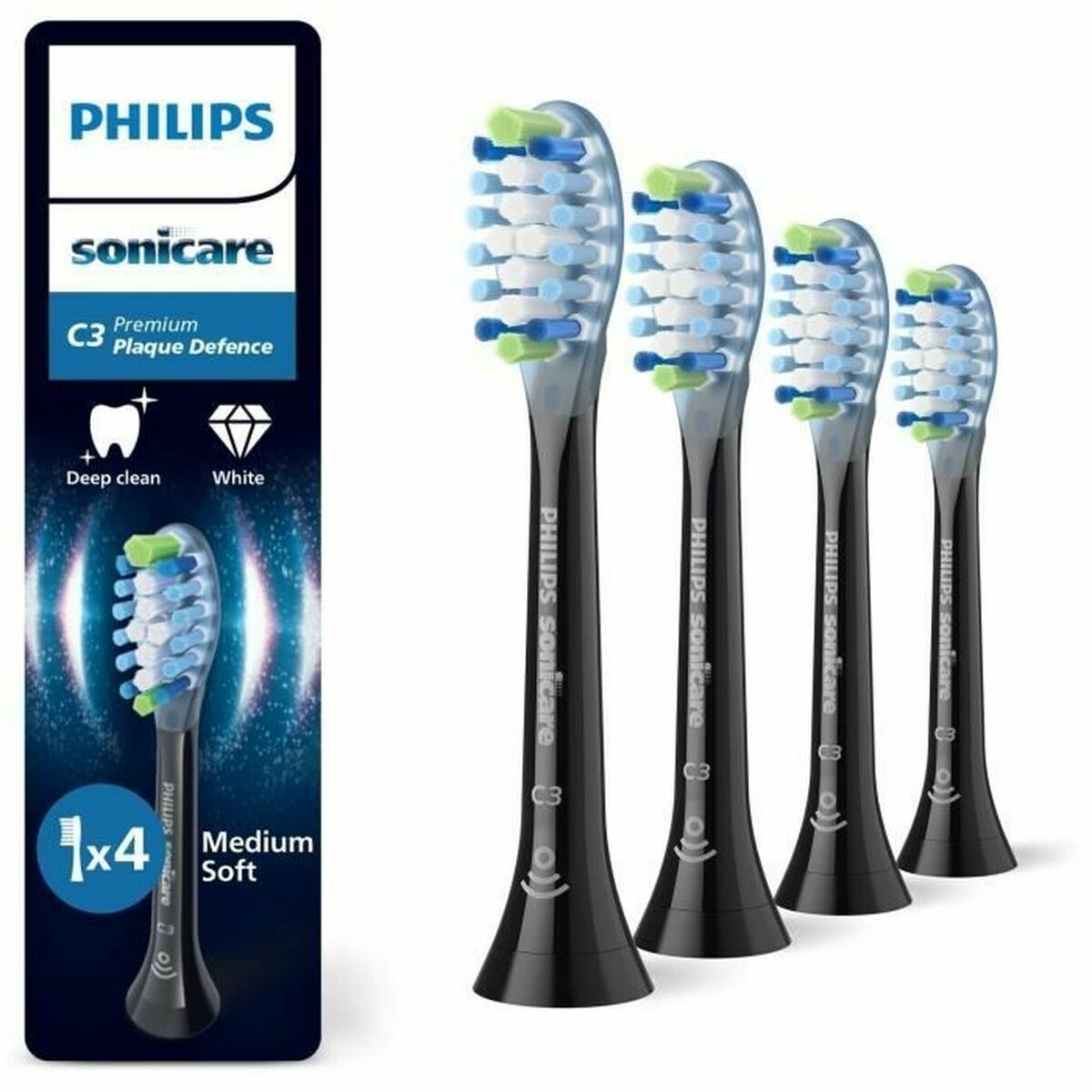 Tête de rechange Philips Sonicare C3 Premium Noir, 4 unités, brossage doux et efficace pour une protection optimale.